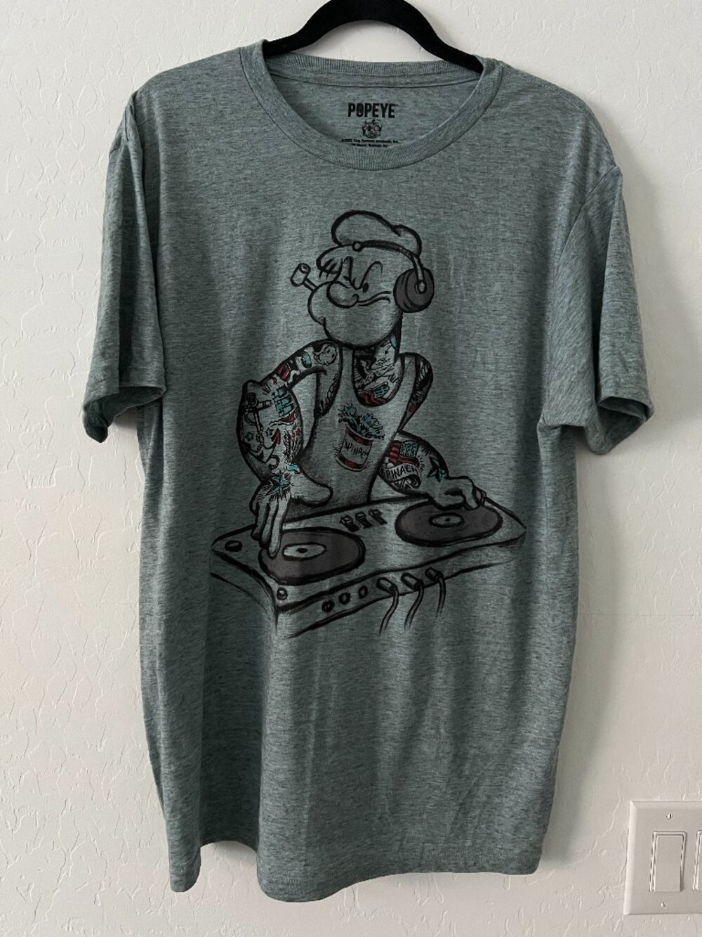 Popeye DJ Graphic T-Shirt Men's Large Tattoo Streetwear Cartoon Tee Gray